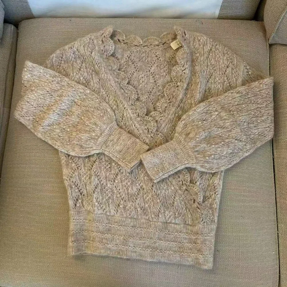 BEST Sezane Nathalia Jumper Small Mottled Beige Sweater V-Neck Wool French Causa_5